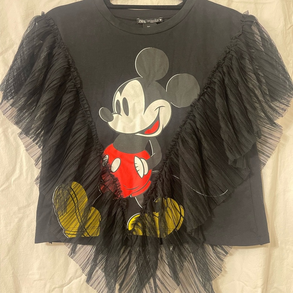 Zara Black Mickey Mouse Blouse with Ruffle Detail